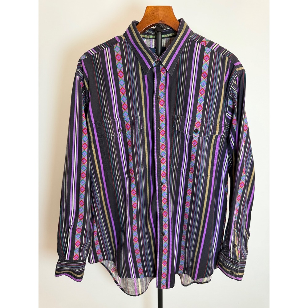 Wrangler Western Shirt Mens XL Purple Black Stripe Geometric Button Down Vintage
